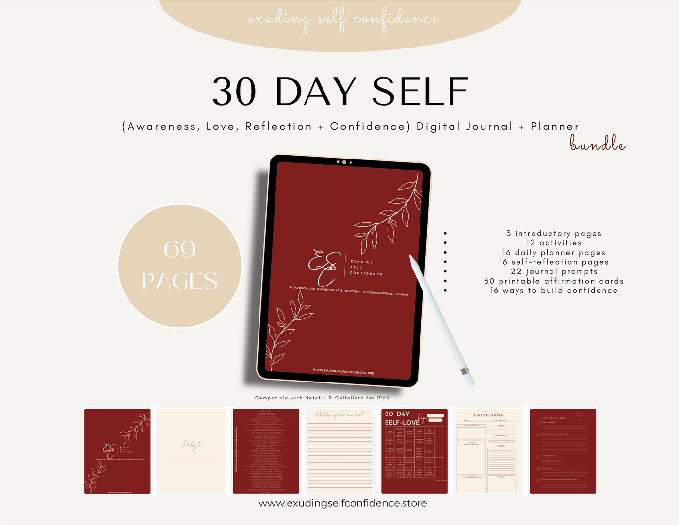 Exuding Self Confidence 30-Day Digital Self (Awareness, Love, Reflection + Confidence) Journal and Planner PDF Download for IPAD